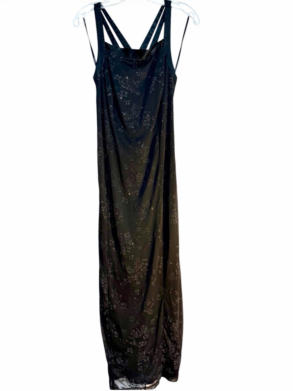 CDC Y2K Black Strappy Maxi Dress Sparkle Floral Mesh Overlay Sz 8